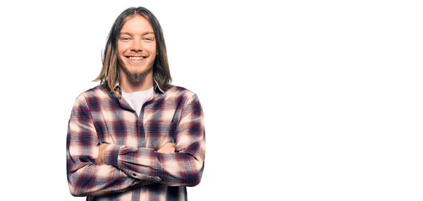 Bonito Homem Caucasiano Com Cabelos Longos Vestindo Camisa Hipster Rosto — Fotografia de Stock