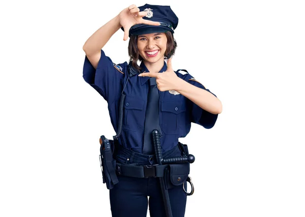 Young Beautiful Girl Wearing Police Uniform Smiling Making Frame Hands — Stock Photo, Image