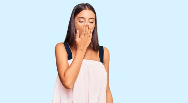 Young Hispanic Woman Wearing Casual Clothes Bored Yawning Tired Covering — Stock Photo, Image