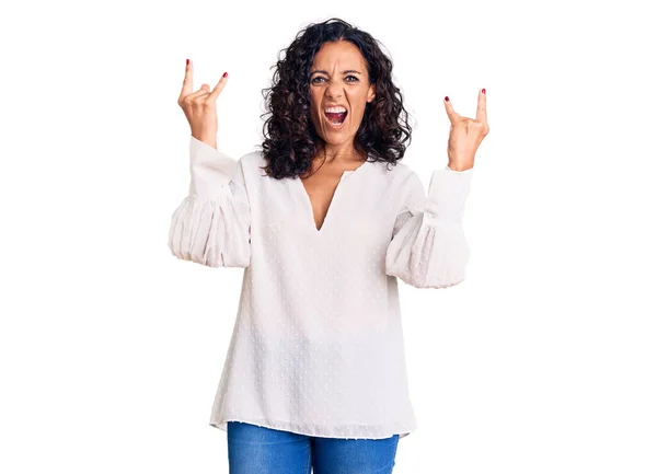 Middle Age Beautiful Woman Wearing Casual Sweater Shouting Crazy Expression — Stock Photo, Image