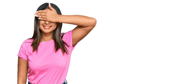 Young Latin Girl Wearing Casual Clothes Smiling Laughing Hand Face — Stock Photo, Image