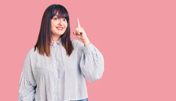 Young Size Woman Wearing Casual Clothes Pointing Finger Successful Idea — Stock Photo, Image