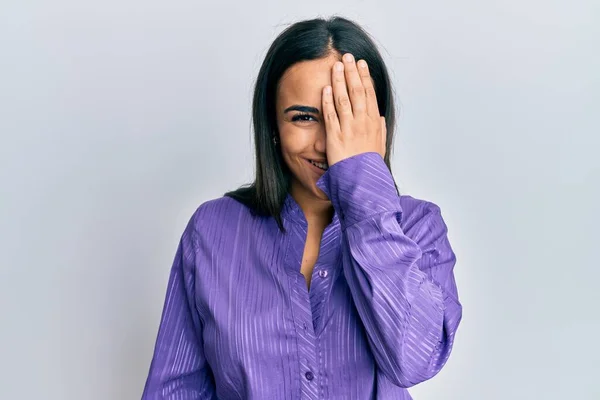 Young Brunette Woman Wearing Casual Clothes Covering One Eye Hand — Stock Photo, Image