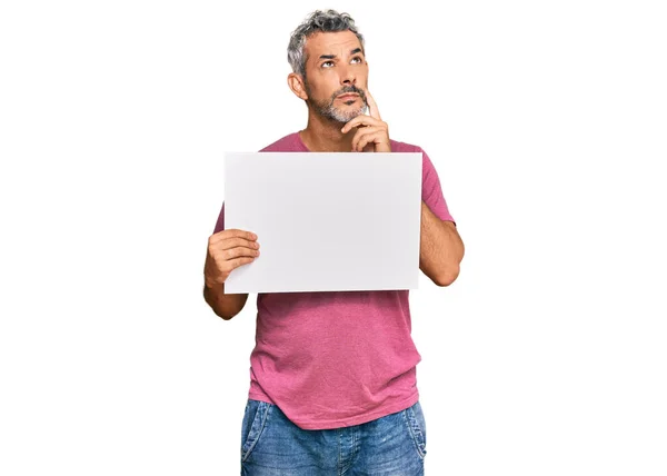 Middle Age Grey Haired Man Holding Blank Empty Banner Serious — Stock Photo, Image
