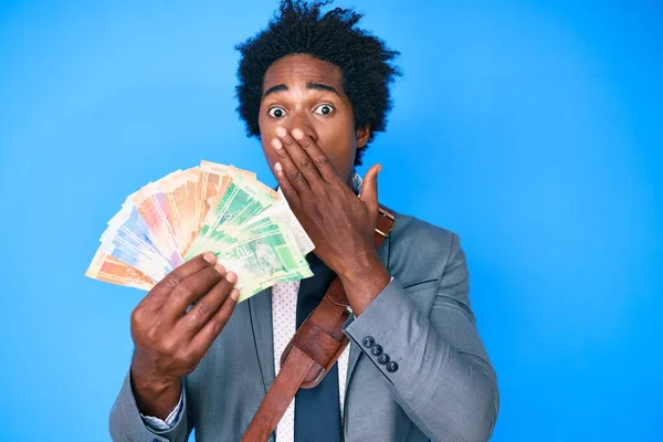 Handsome African American Man Afro Hair Holding South African Rand — Zdjęcie stockowe