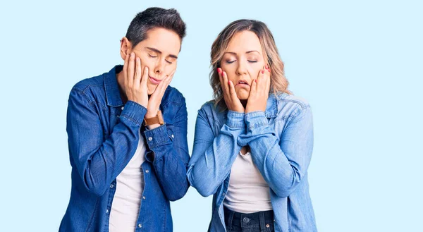 Couple Women Wearing Casual Clothes Tired Hands Covering Face Depression — Stock Photo, Image