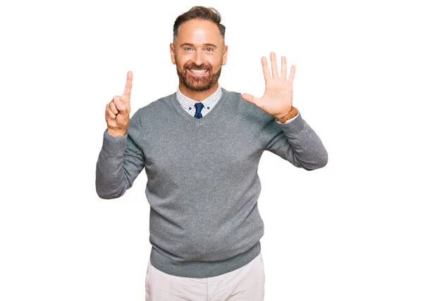 Handsome Middle Age Man Wearing Business Clothes Showing Pointing Fingers — Stock Photo, Image