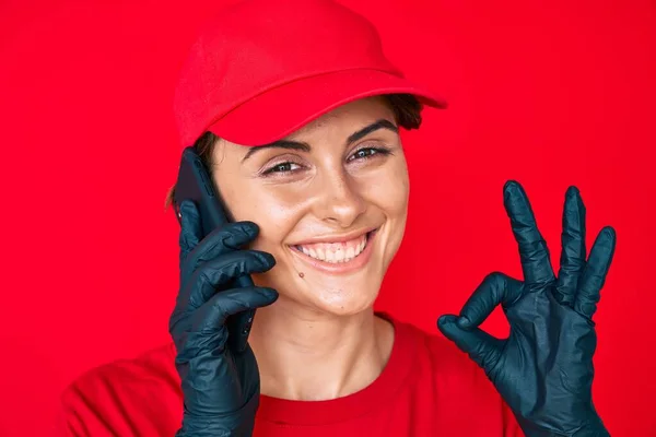 Young Hispanic Woman Calling Assistance Doing Sign Fingers Smiling Friendly — Stock Photo, Image
