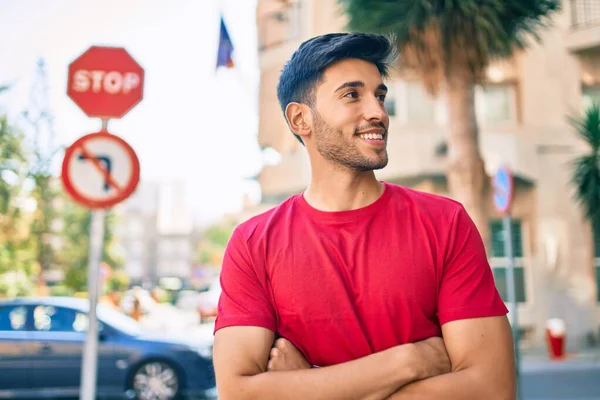 Young Latin Man Smiling Happy Crossed Arms Standing City — Stock Photo, Image