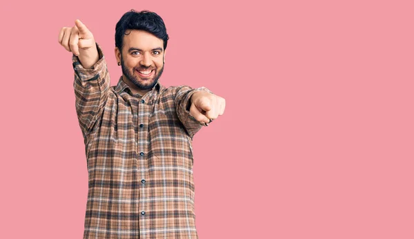 Young Hispanic Man Wearing Casual Clothes Pointing You Camera Fingers — Stock Photo, Image