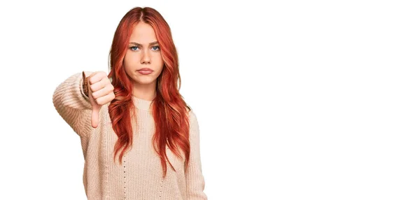 Young Redhead Woman Wearing Casual Winter Sweater Looking Unhappy Angry — Stock Photo, Image