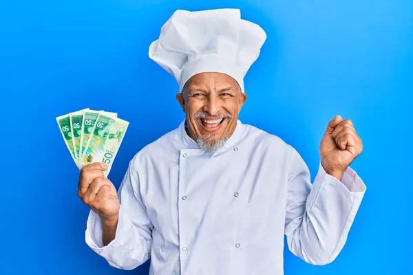 Middle Age Grey Haired Man Wearing Professional Cook Uniform Holding — Stock Photo, Image