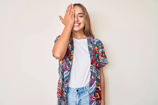 Young Beautiful Blonde Woman Wearing Modern Clothes Covering One Eye — Stock Photo, Image