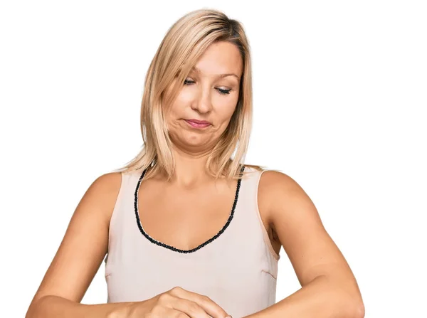 Middle Age Caucasian Woman Wearing Casual Clothes Checking Time Wrist — Stock Photo, Image