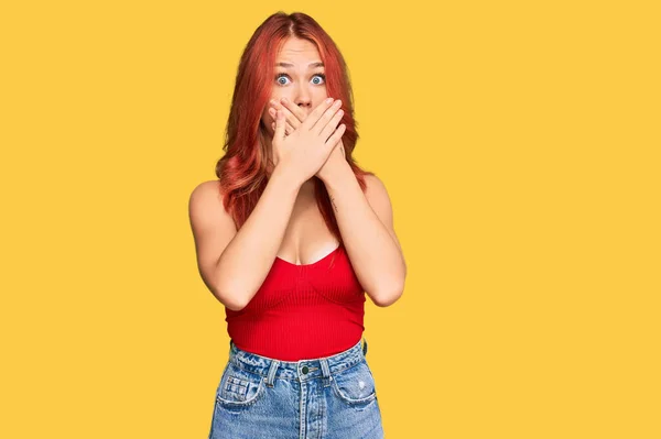 Young Redhead Woman Wearing Casual Clothes Shocked Covering Mouth Hands — Stock Photo, Image