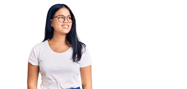 Young Beautiful Asian Girl Wearing Casual Clothes Glasses Looking Away — Stock Photo, Image