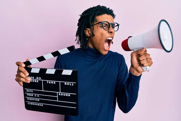 Young African American Man Holding Video Film Clapboard Megaphone Angry — Stok fotoğraf