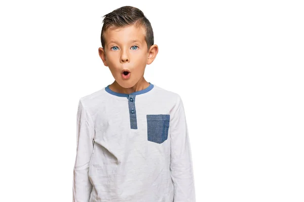 Adorable Caucasian Kid Wearing Casual Clothes Afraid Shocked Surprise Expression — Stock Photo, Image