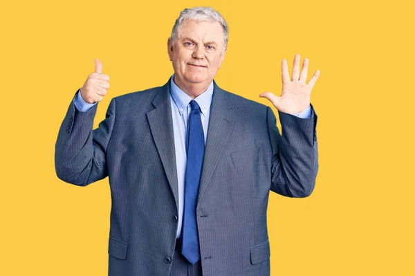 Senior Grey Haired Man Wearing Business Jacket Showing Pointing Fingers — Stock Photo, Image