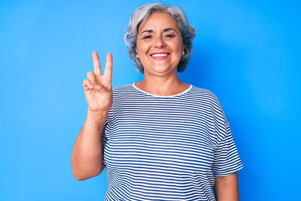 Senior Latino Grijsharige Vrouw Casual Kleding Glimlachend Met Een Vrolijk — Stockfoto
