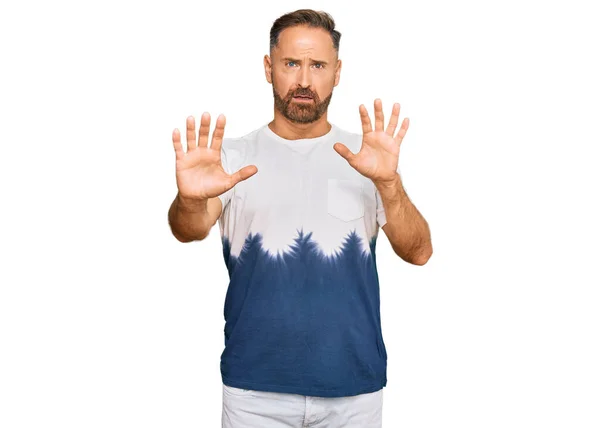 Handsome Middle Age Man Wearing Casual Tie Dye Tshirt Afraid — Stock Photo, Image