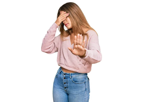 Beautiful Blonde Woman Wearing Casual Winter Pink Sweater Covering Eyes — Stock Photo, Image