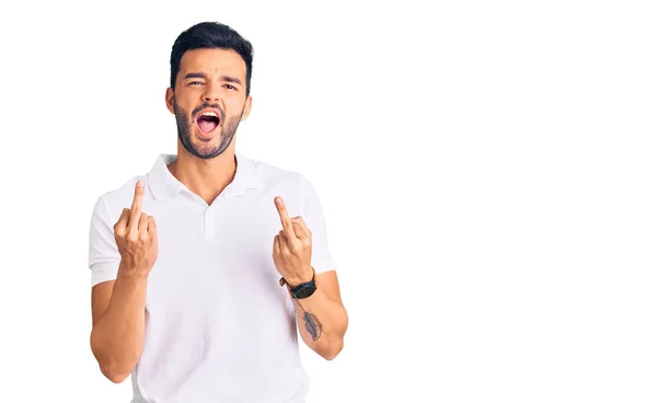 Young Handsome Hispanic Man Wearing Casual Clothes Showing Middle Finger — 图库照片