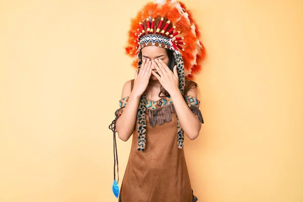 Young Beautiful Latin Girl Wearing Indian Costume Rubbing Eyes Fatigue — Stock Photo, Image