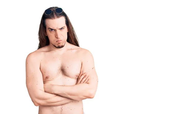 Young Adult Man Long Hair Wearing Swimwear Shirtless Skeptic Nervous — Stock Photo, Image
