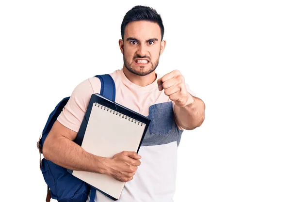 Young Handsome Man Wearing Student Backpack Notebook Annoyed Frustrated Shouting — 스톡 사진