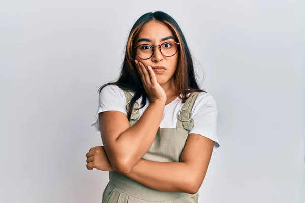 Young Latin Woman Wearing Casual Clothes Glasses Thinking Looking Tired — Stock Photo, Image