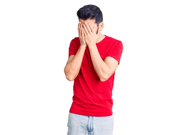 Young Handsome Man Beard Wearing Casual Shirt Sad Expression Covering — Stock Photo, Image