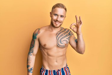 Yüzünde mayo olmayan beyaz bir adam gülümsüyor ve el ve parmaklarıyla 