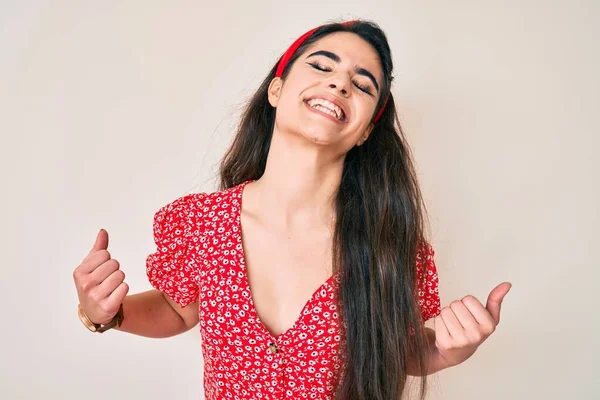 Brunette Teenager Girl Wearing Summer Dress Very Happy Excited Doing — Stock Photo, Image