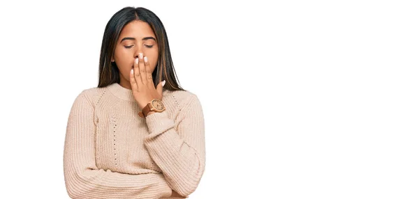 Young Latin Girl Wearing Wool Winter Sweater Bored Yawning Tired — Stock Photo, Image