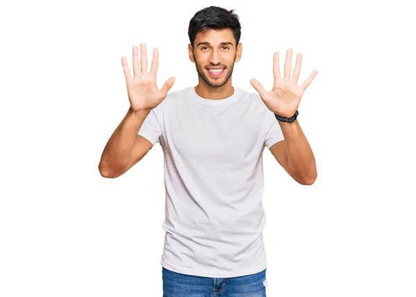 Jovem Homem Bonito Vestindo Camisa Branca Casual Mostrando Apontando Para — Fotografia de Stock