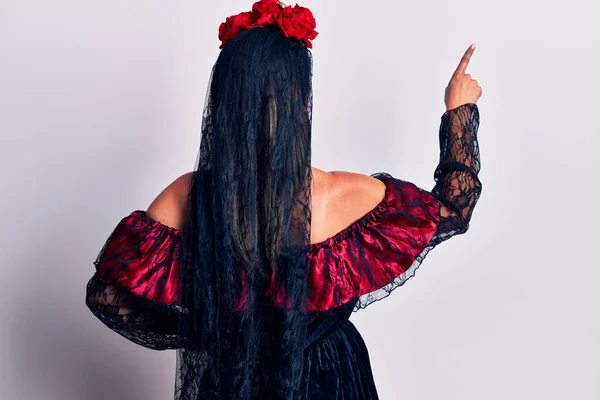 Young Woman Wearing Mexican Day Dead Makeup Posing Backwards Pointing — Stock Photo, Image