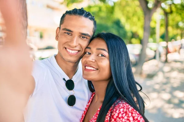 Young Latin Couple Smiling Happy Making Selfie Camera Street City — Stock Photo, Image
