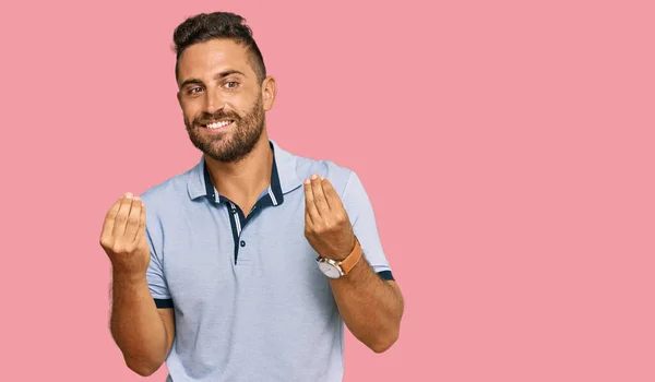 Hombre Guapo Con Barba Usando Ropa Casual Haciendo Gesto Dinero —  Fotos de Stock