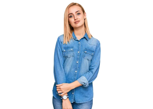 Beautiful Caucasian Woman Wearing Casual Denim Jacket Relaxed Serious Expression — Stock Photo, Image