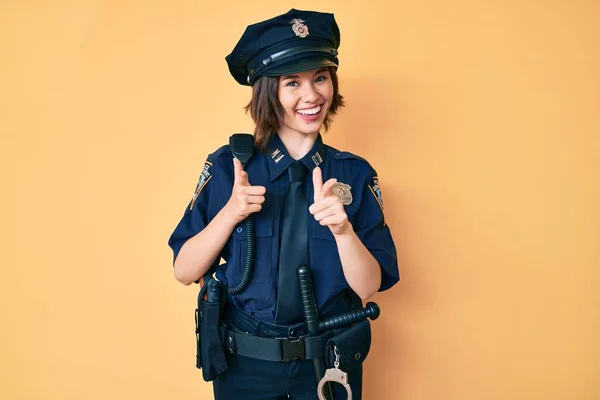 Young Beautiful Woman Wearing Police Uniform Pointing Fingers Camera Happy — Stock Photo, Image