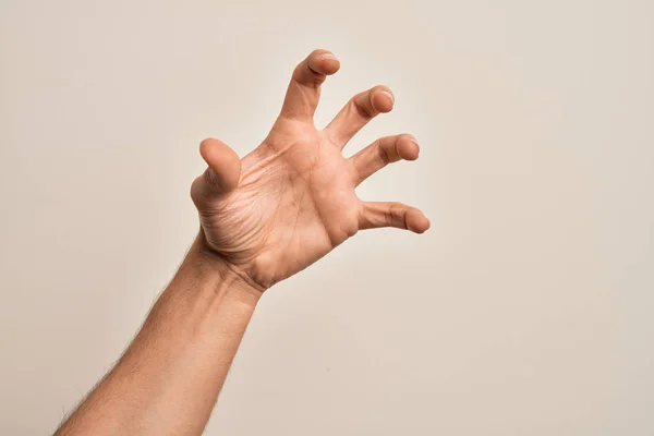 Hand Caucasian Young Man Showing Fingers Isolated White Background Grasping — Stock Photo, Image