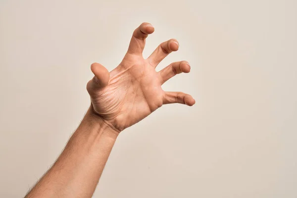 Mano Joven Caucásico Mostrando Dedos Sobre Fondo Blanco Aislado Agarrando — Foto de Stock