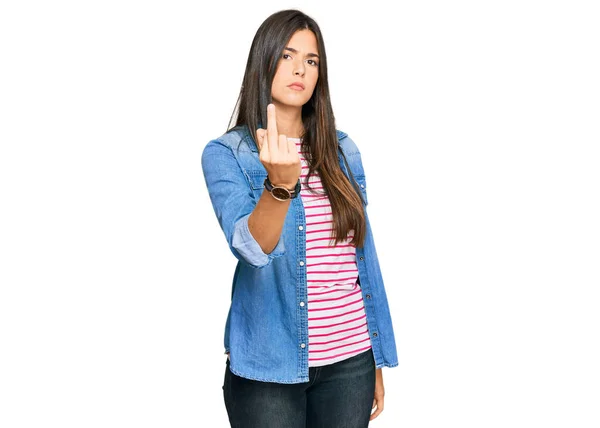 Young Brunette Woman Wearing Casual Clothes Showing Middle Finger Impolite — Φωτογραφία Αρχείου