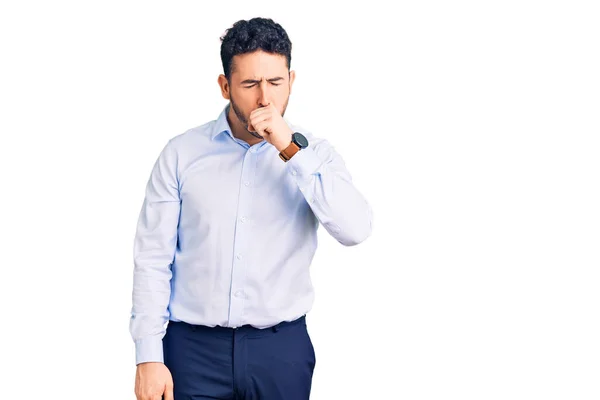 Young Hispanic Man Wearing Business Clothes Feeling Unwell Coughing Symptom — Stock Photo, Image