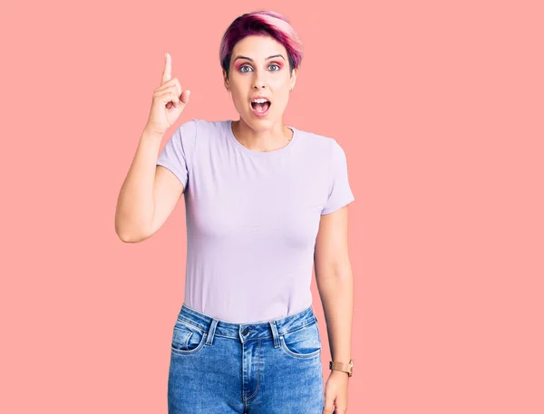 Young Beautiful Woman Pink Hair Wearing Casual Clothes Pointing Finger — Stock Photo, Image