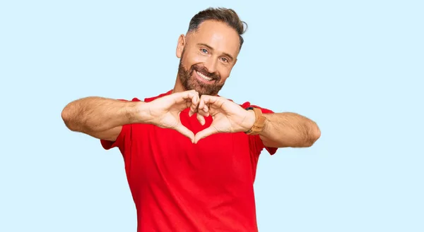 Handsome Middle Age Man Wearing Casual Red Tshirt Smiling Love — Stock Photo, Image