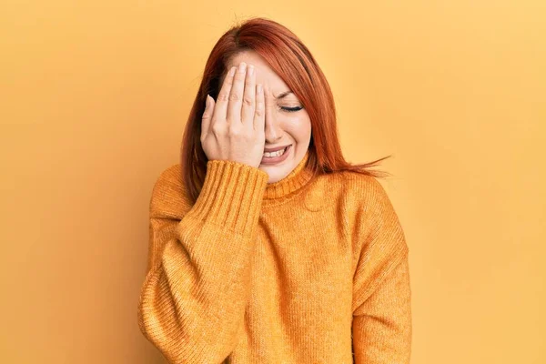 Beautiful Redhead Woman Wearing Casual Winter Sweater Yellow Background Yawning — Stock Photo, Image