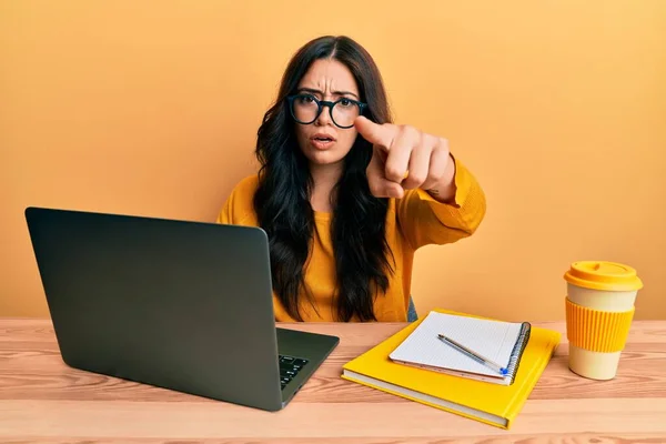 Beautiful Brunette Young Woman Working Office Wearing Glasses Pointing Finger — Stock Photo, Image