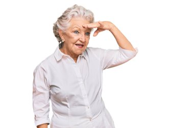 Yaşlı, gri saçlı, günlük kıyafetler giyen mutlu ve tebessüm eden bir kadın. arama kavramı. 